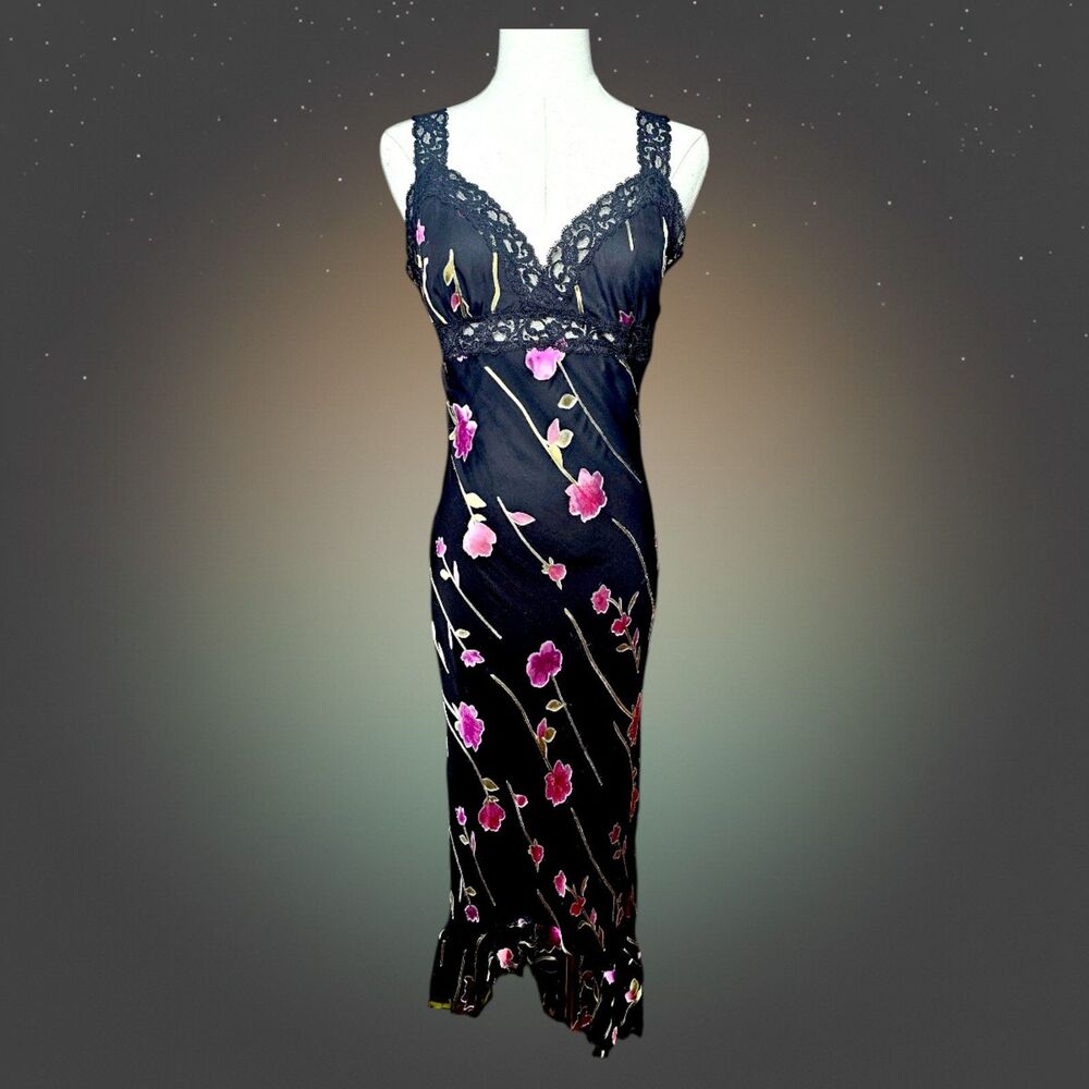 Betsey Johnson Vintage 90s Y2K Black Silk Blend Floral Embroidered Slip Dress M